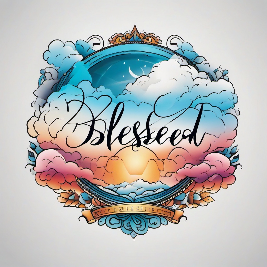 Blessed Tattoo with Clouds-Symbolic and spiritual tattoo featuring the word Blessed with clouds, capturing themes of positivity and elevation.  simple color tattoo,white background