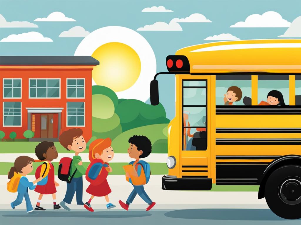 bus clipart: school bus picking up children on a bright morning. 