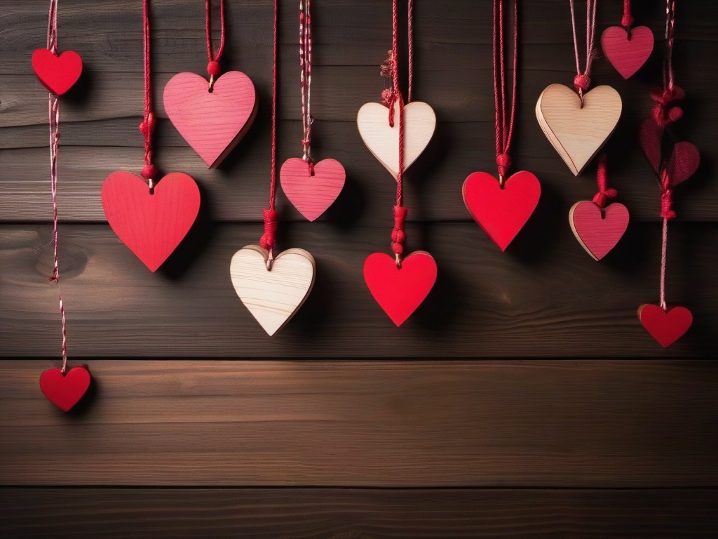 Valentine's Day background - Rustic wooden heart decorations hanging on a string  aesthetic background wallpaper