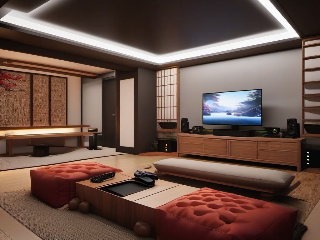 In the gamer room, Japanese Zen interior design features a clean setup, low-profile furniture, and natural elements that foster a focused and peaceful gaming environment.  