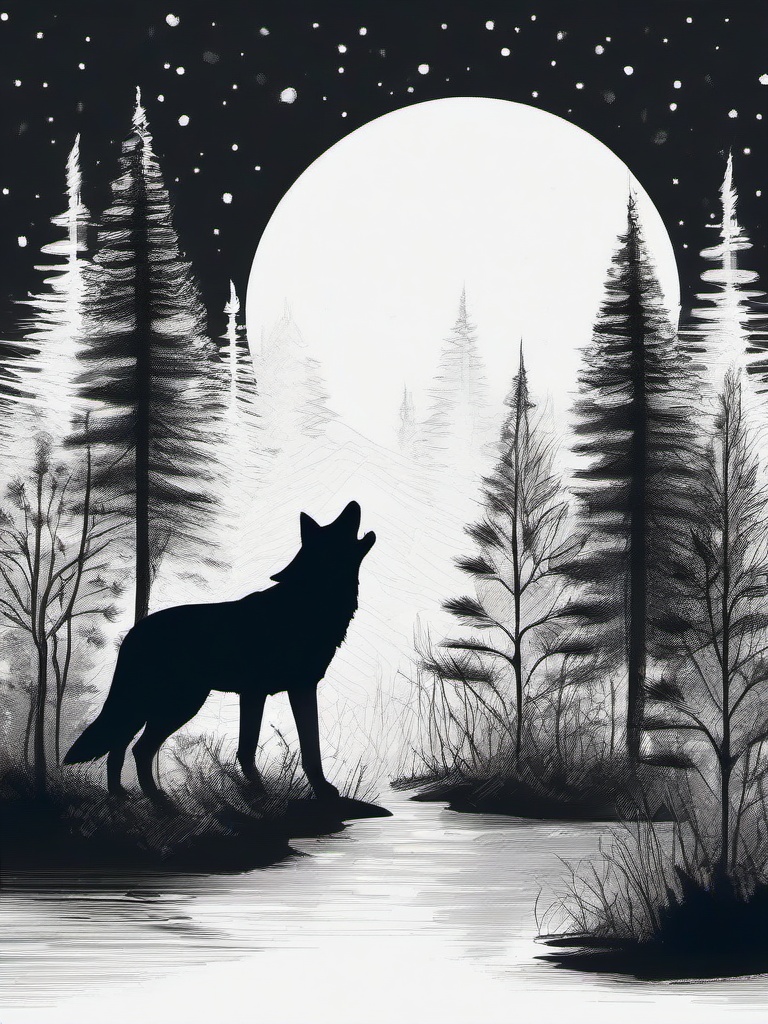 drawing of a wolf in mystical forest  minimal rough sketch scribbles,doodles,black and white