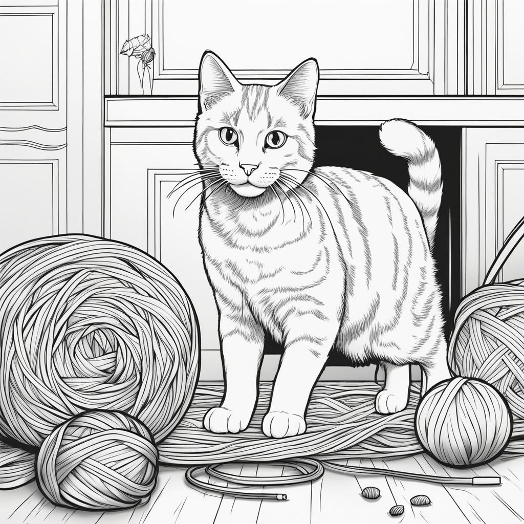 cat coloring pages - a playful cat pounces on a ball of yarn in a cozy room. 