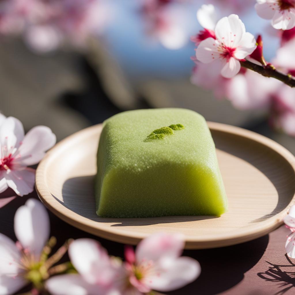 matcha-flavored mochi, a japanese delicacy, relished under the cherry blossoms during hanami. 