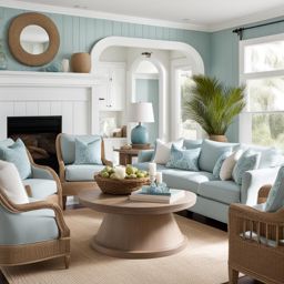 coastal living room with coastal decor and a color palette inspired by the sea. 