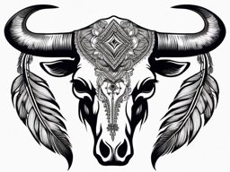 Cow skull and feathers ink: Symbolic grace, a tribute to nature.  black and white tattoo style