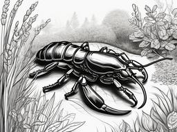 drawing of a scorpion in a garden  minimal rough sketch scribbles,doodles,black and white