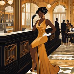 a black diva woman in a gala dress set in an art deco cafe draw in art nouveau style