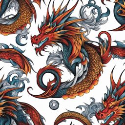 Dragon tattoo, Tattoos featuring dragons, powerful and mythical creatures.  color, tattoo style pattern, clean white background