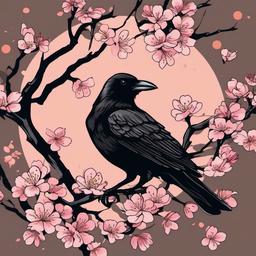 crow cherry blossom tattoo  simple vector color tattoo