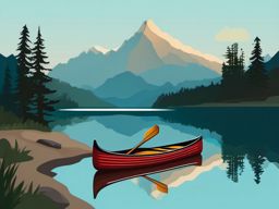 Mountain Lake and Canoe Emoji Sticker - Tranquil waters beneath towering peaks, , sticker vector art, minimalist design