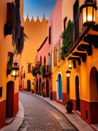 san miguel de allende, mexico - paint the colonial charm of san miguel de allende, with its cobblestone streets and colorful buildings illuminated by lanterns. 