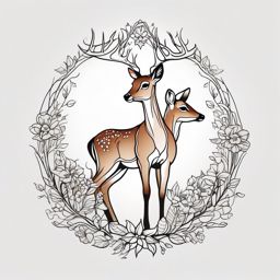 Enchanted Doe and Fawn - Celebrate the enchanting bond between a doe and her fawn in a heartwarming tattoo.  outline color tattoo,minimal,white background