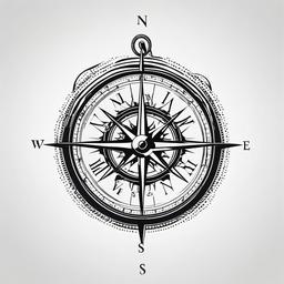 Compass with Clock Tattoo - Tattoo featuring both a compass and clock.  simple vector tattoo,minimalist,white background