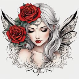 fairy and rose tattoo  simple color tattoo style,white background