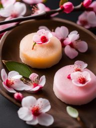 sakura mochi, japanese cherry blossom rice cakes, devoured under blooming sakura trees during hanami. 