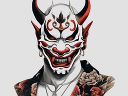 hannya mask throat tattoo  simple color tattoo,white background,minimal