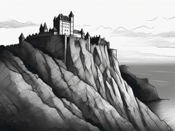 drawing of a castle at the edge of a cliff  minimal rough sketch scribbles,doodles,black and white