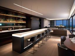 In the bar room, High Tech interior design includes modern furniture, integrated technology, and sleek surfaces that create a lively atmosphere for socializing and entertainment.  