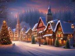 Christmas wallpaper - Snowy village with decorated houses and a Christmas tree in the town square  aesthetic background wallpaper