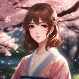 Front facing face, girl with brown hair, sharp eyes in a serene cherry blossom garden.  close shot of face, face front facing, profile picture, anime style