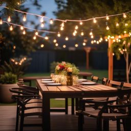 Outdoor Dining Patio - Outdoor dining patio with a large table and string lights. realistic, professional photography, bokeh, natural lighting, canon lens, shot on dslr 64 megapixels sharp focus