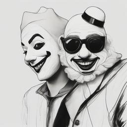 drawing of a clown with a friend  minimal rough sketch scribbles,doodles,black and white