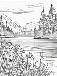 Iris coloring page sheet - Majestic irises growing along the edge of a serene lake.  black outline printable coloring page