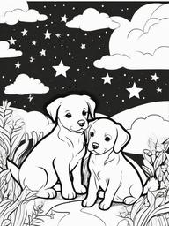 Puppy and Stars Coloring Pages - Dreamy Scene with Puppies and Stars  minimal black outline printable sheet, coloring page