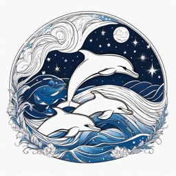 Starry Night Ocean - Dolphins beneath a starry night sky, creating a celestial marine scene.  outline color tattoo,minimal,white background