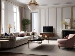 Parisian living room highlights simple yet elegant furnishings, decorative moldings, and light curtains, evoking a sense of refined Parisian charm.  