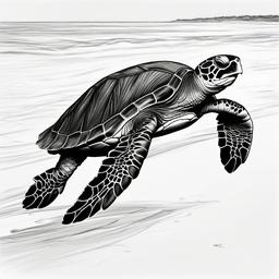 drawing of a sea turtle on the beach  minimal rough sketch scribbles,doodles,black and white