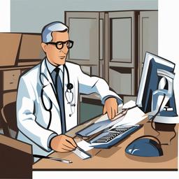 Doctor clipart - doctor using a computer to check records  