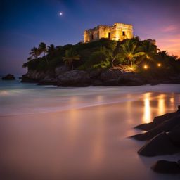 tulum, mexico - create a dreamy beach scene at tulum, with ancient mayan ruins by the sea under a starry sky. 