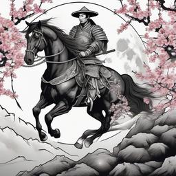 Black horse with chinese warrior with a farmers hat on back, in black and white, and cherry blossom tree in 
 and the moon in background   ,tattoo design, white background