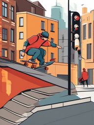 Street Skateboarding Spot Clipart - Skateboarders exploring urban spots for tricks.  color vector clipart, minimal style