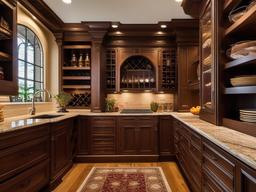 The pantry showcases Italian Renaissance interior design with rich wood cabinetry, ornate shelving, and decorative accents that make food storage both practical and visually appealing.  