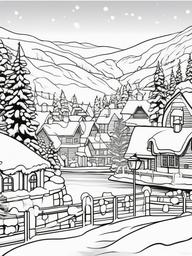 Snowy Village Scene Coloring Pages - Peaceful Village Covered in Snow  minimal black outline printable sheet, coloring page