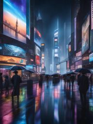 futuristic city skyline on a bustling, rainy night with holographic advertisements. 