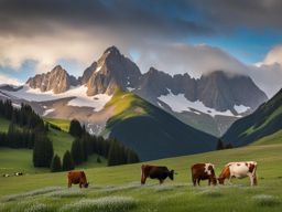 alpine meadow, surrounded by alpine flowers, grazing cows, and snow-capped peaks. 