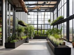 The greenhouse showcases urban modern interior design with sleek planters, contemporary shelving, and a focus on natural light that create an inspiring environment for gardening and plant care.  