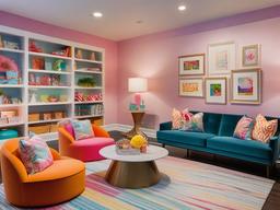 Candy Land media room includes bright seating, playful decor, and colorful accents, making movie nights feel like a magical experience.  