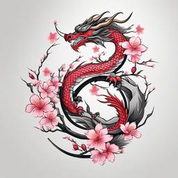 Cherry Blossom Dragon Tattoo - Tattoo featuring both cherry blossoms and a dragon.  simple color tattoo,minimalist,white background