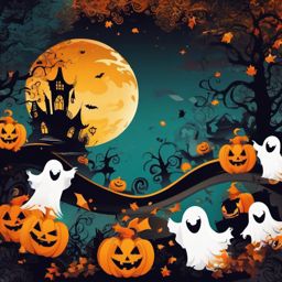 Halloween Celebration Background with Ghosts and Ghouls Await wallpaper splash art, vibrant colors, intricate patterns