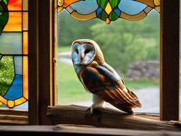 Stained Glass Barn Owl - Owl perched in barn rafters  