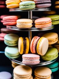 a tower of delicate macarons in pastel colors, each with a crisp shell and creamy filling. 