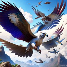 aarakocra monk, zephyr swiftwing, soaring through the sky to intercept a group of menacing wyverns. 