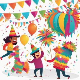 Party scene with a piñata being hit clipart.  vector style illustration, white background