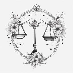 Floral Libra Constellation Tattoo-Creative tattoo design combining Libra constellation with floral elements.  simple color tattoo,white background