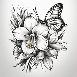 daffodil and butterfly tattoos  simple color tattoo, minimal, white background