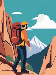 Backpacker Hiking in the Mountains Clipart - A backpacker hiking in mountainous terrain.  color vector clipart, minimal style